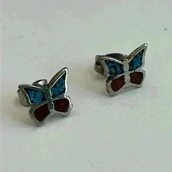 Vintage Butterfly earrings with Inlay Tiny Silver Colored - Picture 1 of 5